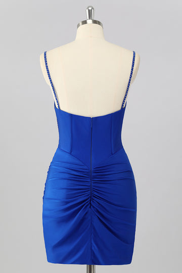 Royal Blue Bodycon Corset Ruched Mini Homecoming Dress with Beading